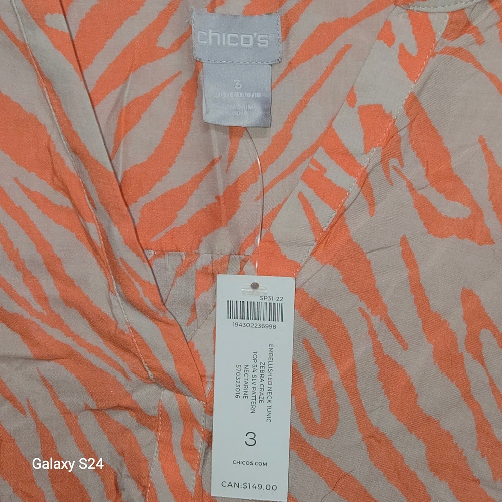 Chico's Zebra Craze Embellished Neck Tunic Nectarine Orange Modal Top Size 3 XL